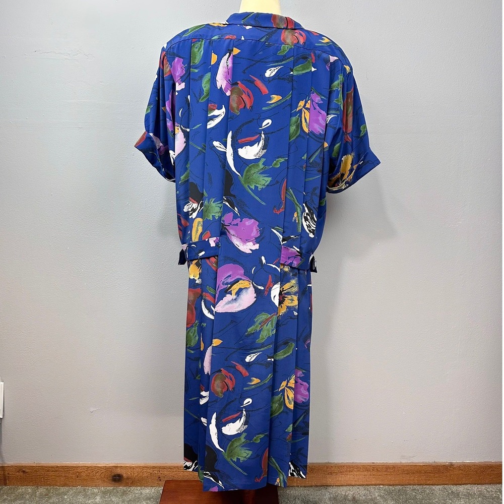 Vintage Midi Dress Women Size M Blue Floral 80s Drop Waist Retro Shoulder Pads - Picture 7 of 11